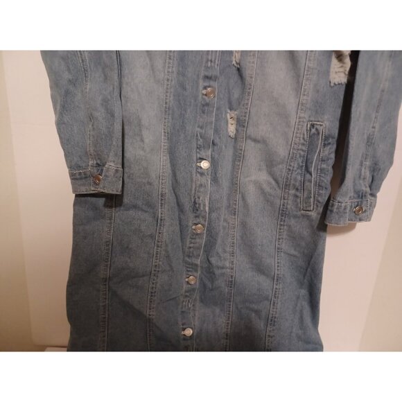 chouyatou Womens Distressed Hole Over Knee  Long Denim Jacket Trench Coat - Picture 3 of 10